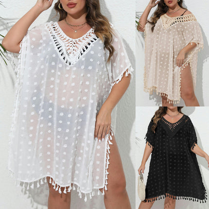 Women's Plus Size Crochet Swimwear Cover Ups Tassel Bikini Chiffon Beach Bathing Suit Dress