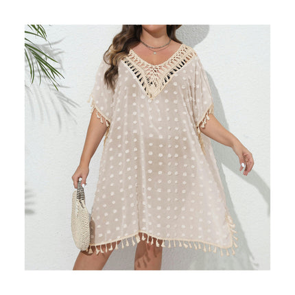 Women's Plus Size Crochet Swimwear Cover Ups Tassel Bikini Chiffon Beach Bathing Suit Dress