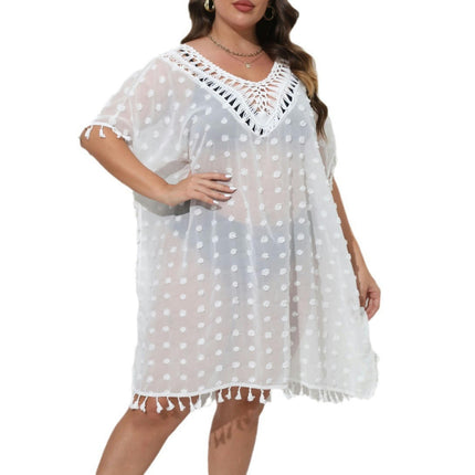 Women's Plus Size Crochet Swimwear Cover Ups Tassel Bikini Chiffon Beach Bathing Suit Dress