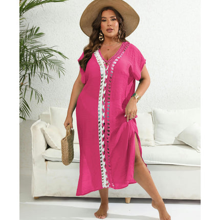 Women's Plus Size Hollow Out V Neck Crochet Swimwear Cover Up Dress