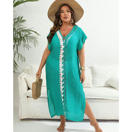 Women's Plus Size Hollow Out V Neck Crochet Swimwear Cover Up Dress