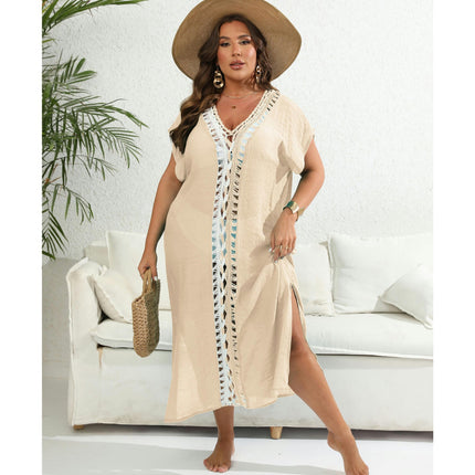 Women's Plus Size Hollow Out V Neck Crochet Swimwear Cover Up Dress