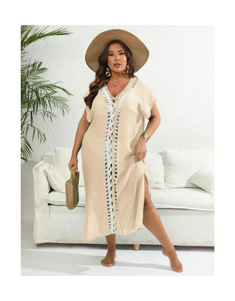 Women's Plus Size Hollow Out V Neck Crochet Swimwear Cover Up Dress