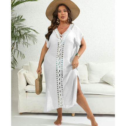 Women's Plus Size Hollow Out V Neck Crochet Swimwear Cover Up Dress