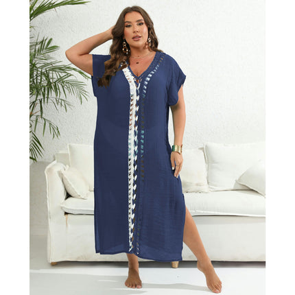 Women's Plus Size Hollow Out V Neck Crochet Swimwear Cover Up Dress