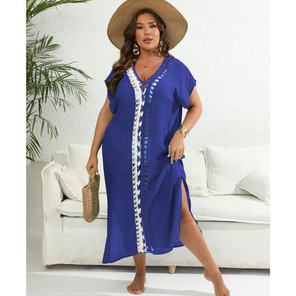 Women's Plus Size Hollow Out V Neck Crochet Swimwear Cover Up Dress