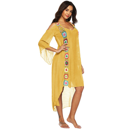 Women's Crochet Hollow Out Cold Shoulder V Neck Swimwear Cover Up Dress