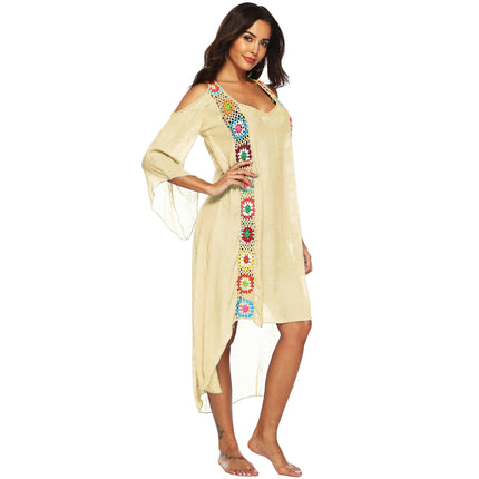 Women's Crochet Hollow Out Cold Shoulder V Neck Swimwear Cover Up Dress