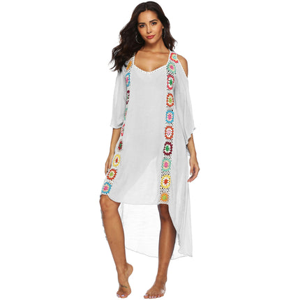 Women's Crochet Hollow Out Cold Shoulder V Neck Swimwear Cover Up Dress