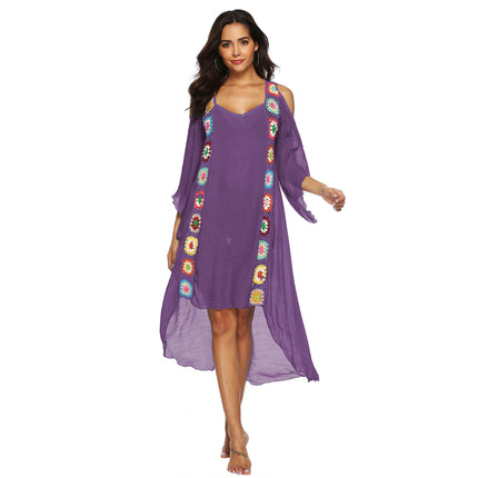 Women's Crochet Hollow Out Cold Shoulder V Neck Swimwear Cover Up Dress