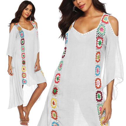 Women's Crochet Hollow Out Cold Shoulder V Neck Swimwear Cover Up Dress