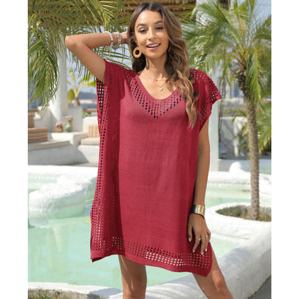 Women's Short Sleeve Crochet Knit Hollow Out Bathing Suit Cover Ups Dress