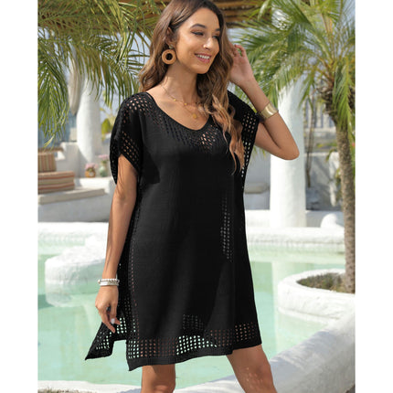 Women's Short Sleeve Crochet Knit Hollow Out Bathing Suit Cover Ups Dress