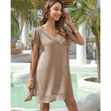 Women's Short Sleeve Crochet Knit Hollow Out Bathing Suit Cover Ups Dress