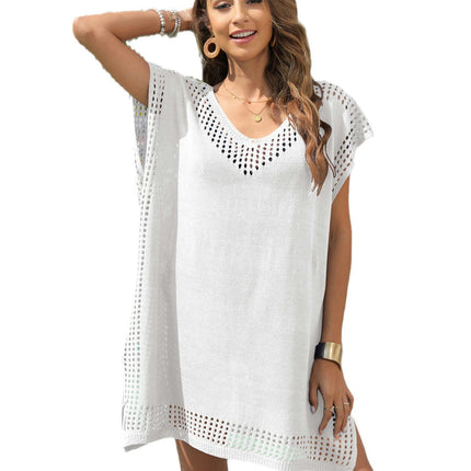 Women's Short Sleeve Crochet Knit Hollow Out Bathing Suit Cover Ups Dress