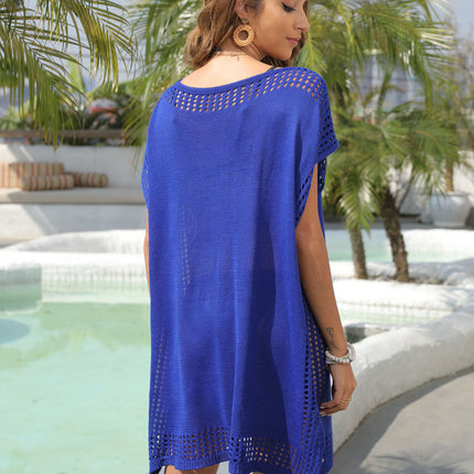 Women's Short Sleeve Crochet Knit Hollow Out Bathing Suit Cover Ups Dress