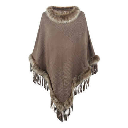 Women's Poncho - Winter Faux Fur Collar Knit Loose Pullover Fringe Coat