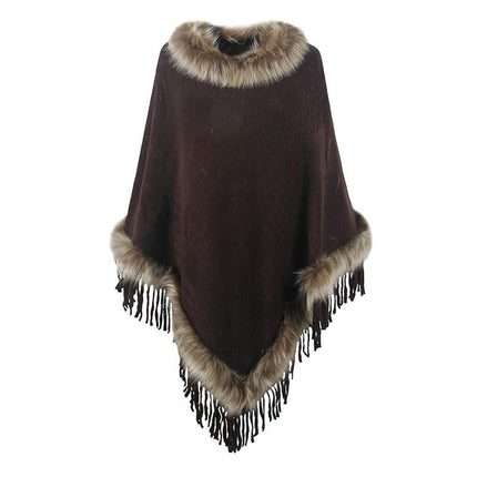 Women's Poncho - Winter Faux Fur Collar Knit Loose Pullover Fringe Coat