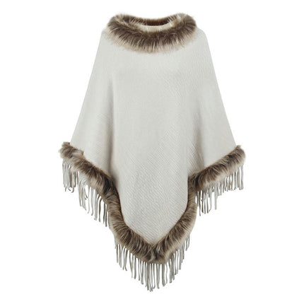 Women's Poncho - Winter Faux Fur Collar Knit Loose Pullover Fringe Coat