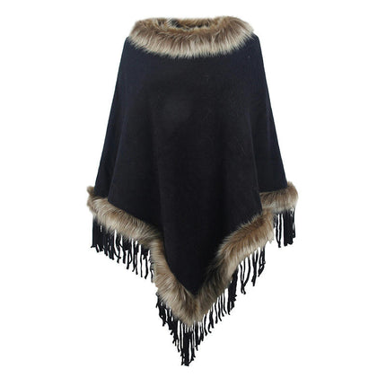 Women's Poncho - Winter Faux Fur Collar Knit Loose Pullover Fringe Coat