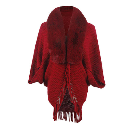 Women's Faux Fur Collar Shrug Shawl Winter Cape Warm Cardigan With Fringe Elegant Sweater Ladies