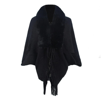 Women's Faux Fur Collar Shrug Shawl Winter Cape Warm Cardigan With Fringe Elegant Sweater Ladies