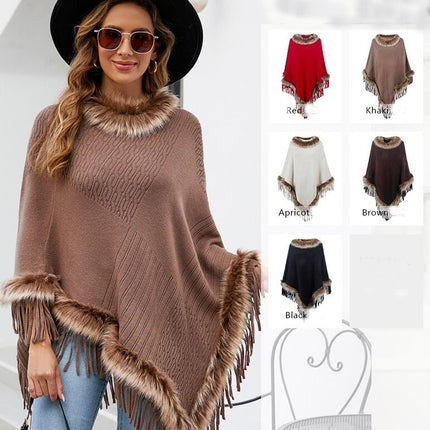 Women's Poncho - Winter Faux Fur Collar Knit Loose Pullover Fringe Coat