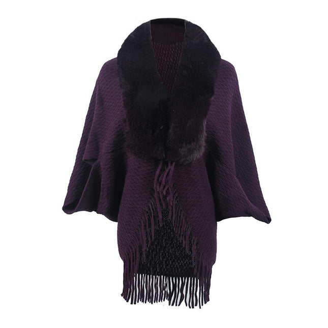 Women's Faux Fur Collar Shrug Shawl Winter Cape Warm Cardigan With Fringe Elegant Sweater Ladies