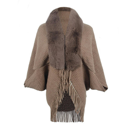 Women's Faux Fur Collar Shrug Shawl Winter Cape Warm Cardigan With Fringe Elegant Sweater Ladies