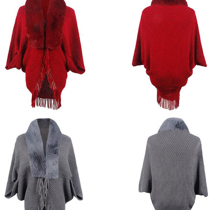 Women's Faux Fur Collar Shrug Shawl Winter Cape Warm Cardigan With Fringe Elegant Sweater Ladies