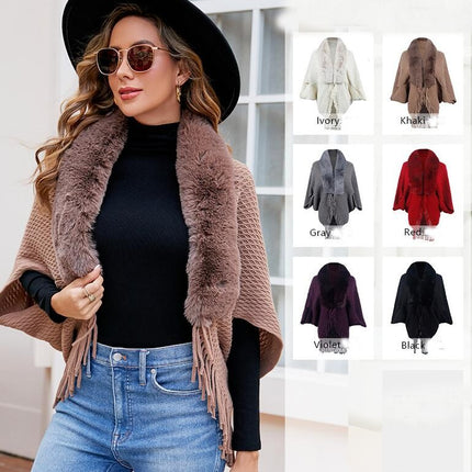 Women's Faux Fur Collar Shrug Shawl Winter Cape Warm Cardigan With Fringe Elegant Sweater Ladies