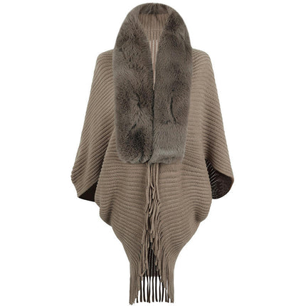 Women's Faux Fur Collar Shrug Shawl Autumn and Winter Cape Warm Cardigan with Fringe Elegant Sweater