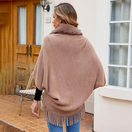 Women's Faux Fur Collar Shrug Shawl Winter Cape Warm Cardigan With Fringe Elegant Sweater Ladies