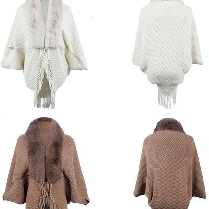 Women's Faux Fur Collar Shrug Shawl Winter Cape Warm Cardigan With Fringe Elegant Sweater Ladies