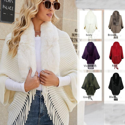 Women's Faux Fur Collar Shrug Shawl Autumn and Winter Cape Warm Cardigan with Fringe Elegant Sweater