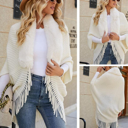 Women's Faux Fur Collar Shrug Shawl Autumn and Winter Cape Warm Cardigan with Fringe Elegant Sweater