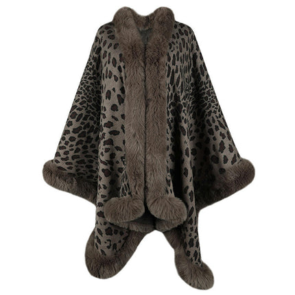 Women's Cape Winter Faux Fur Collar Leopard Print Cardigan Sweater Shawl Cape Coat