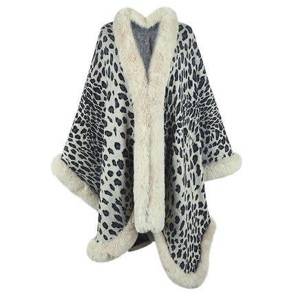 Women's Cape Winter Faux Fur Collar Leopard Print Cardigan Sweater Shawl Cape Coat