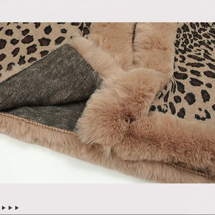 Women's Cape Winter Faux Fur Collar Leopard Print Cardigan Sweater Shawl Cape Coat