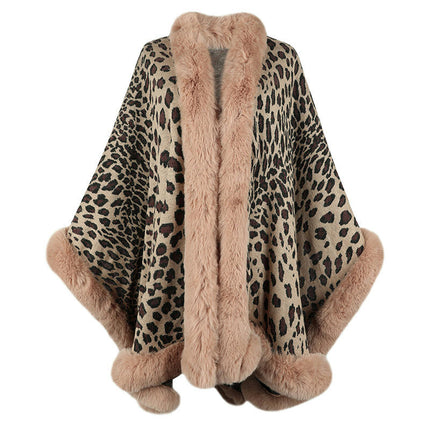 Women's Cape Winter Faux Fur Collar Leopard Print Cardigan Sweater Shawl Cape Coat