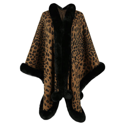 Women's Cape Winter Faux Fur Collar Leopard Print Cardigan Sweater Shawl Cape Coat