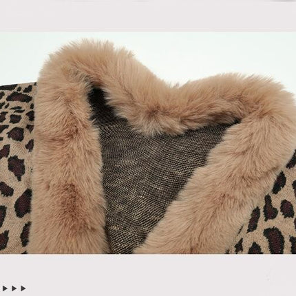 Women's Cape Winter Faux Fur Collar Leopard Print Cardigan Sweater Shawl Cape Coat