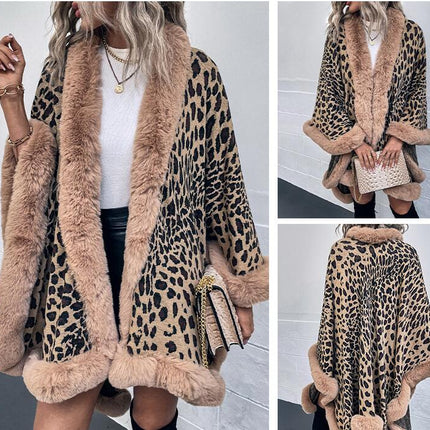 Women's Cape Winter Faux Fur Collar Leopard Print Cardigan Sweater Shawl Cape Coat