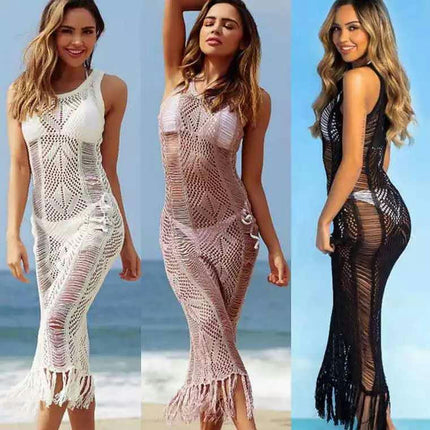 Women's Long Sunscreen Bikini Coverup Beach Dress Knitted Crochet Tassel Vacation Skirt