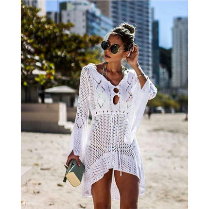 Women's Hollow Out Knit Flared Sleeve Beach Coverup Vacation Bikini Tunic Knit Skirt