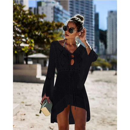 Women's Hollow Out Knit Flared Sleeve Beach Coverup Vacation Bikini Tunic Knit Skirt