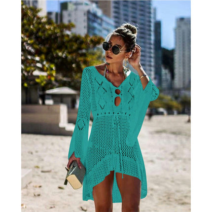 Women's Hollow Out Knit Flared Sleeve Beach Coverup Vacation Bikini Tunic Knit Skirt