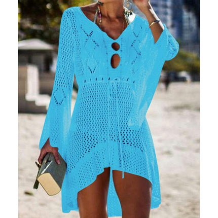 Women's Hollow Out Knit Flared Sleeve Beach Coverup Vacation Bikini Tunic Knit Skirt