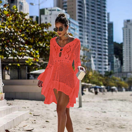 Women's Hollow Out Knit Flared Sleeve Beach Coverup Vacation Bikini Tunic Knit Skirt