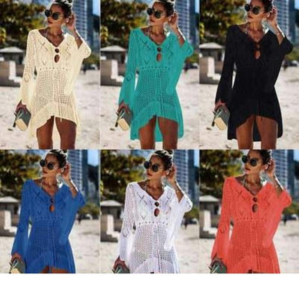 Women's Hollow Out Knit Flared Sleeve Beach Coverup Vacation Bikini Tunic Knit Skirt